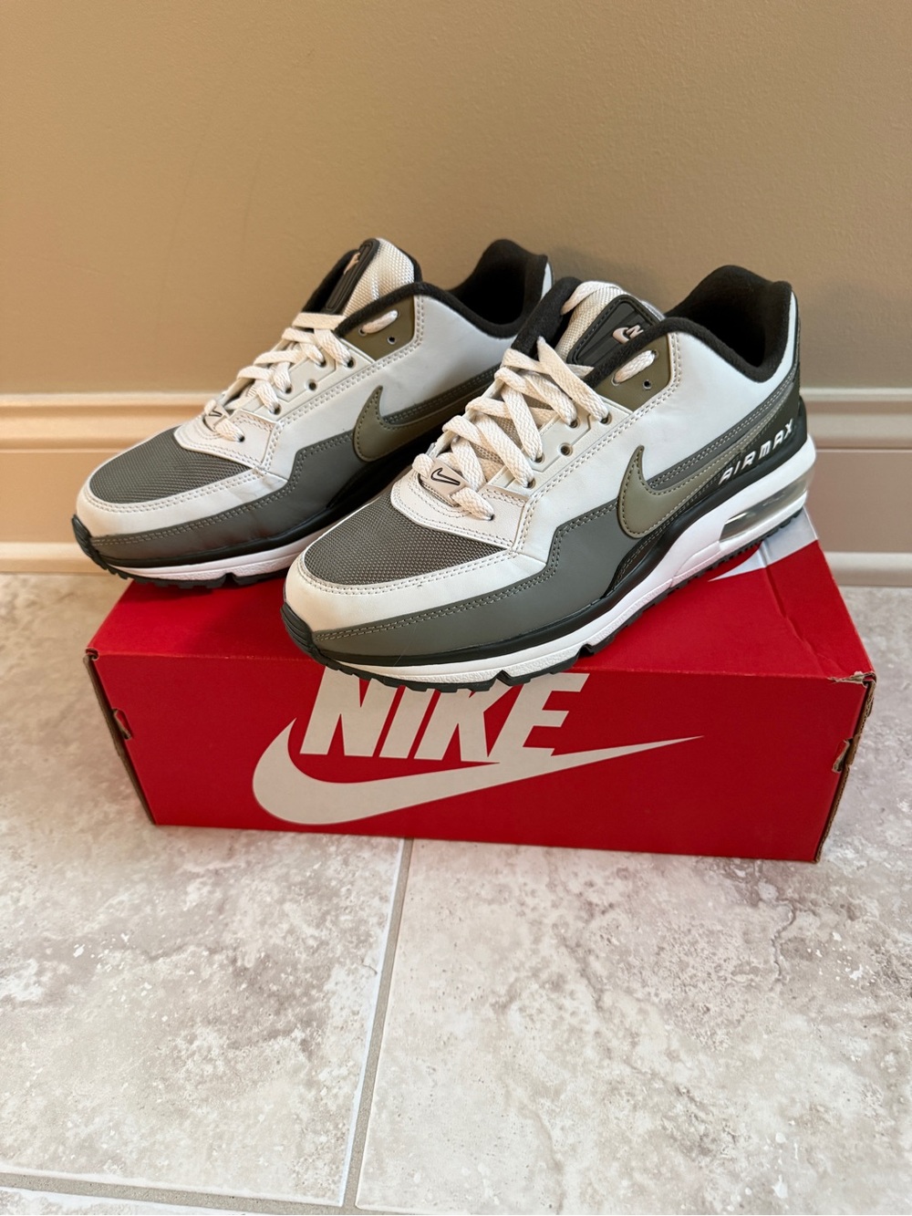 Nike Men's Air Max LTD 3 Sneakers in White and Gray with Olive Swoosh